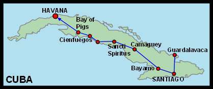 Map of the 'Cuba End to End' self-drive itinerary